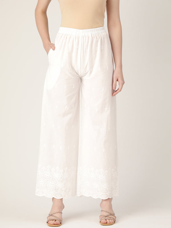 White White Embroidered Cotton Palazzos–Elastic Waist & Ankle-Length with Side Pocket