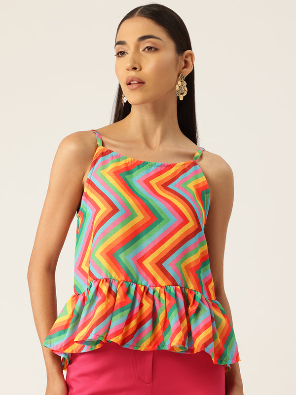 Cropped Sleeveless strap Peplum top with digital print on linen fabric.| Size- Small| Colour - Yellow, Orange, Red, Blue, Green