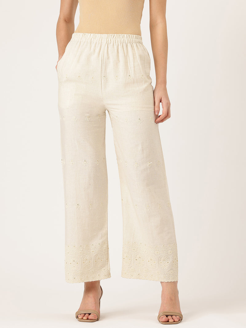 Beige Beige Palazzo|Embroidered, Flax Cotton, Sequin Detail, Ankle-Length, Single Pocket