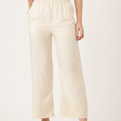 Beige Beige Palazzo|Embroidered, Flax Cotton, Sequin Detail, Ankle-Length, Single Pocket