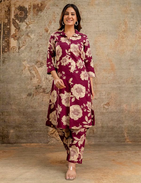 Purple Women’s Co-Ord Set–Printed Collared Kurta with 3/4 Sleeves & Elastic Waist Pants