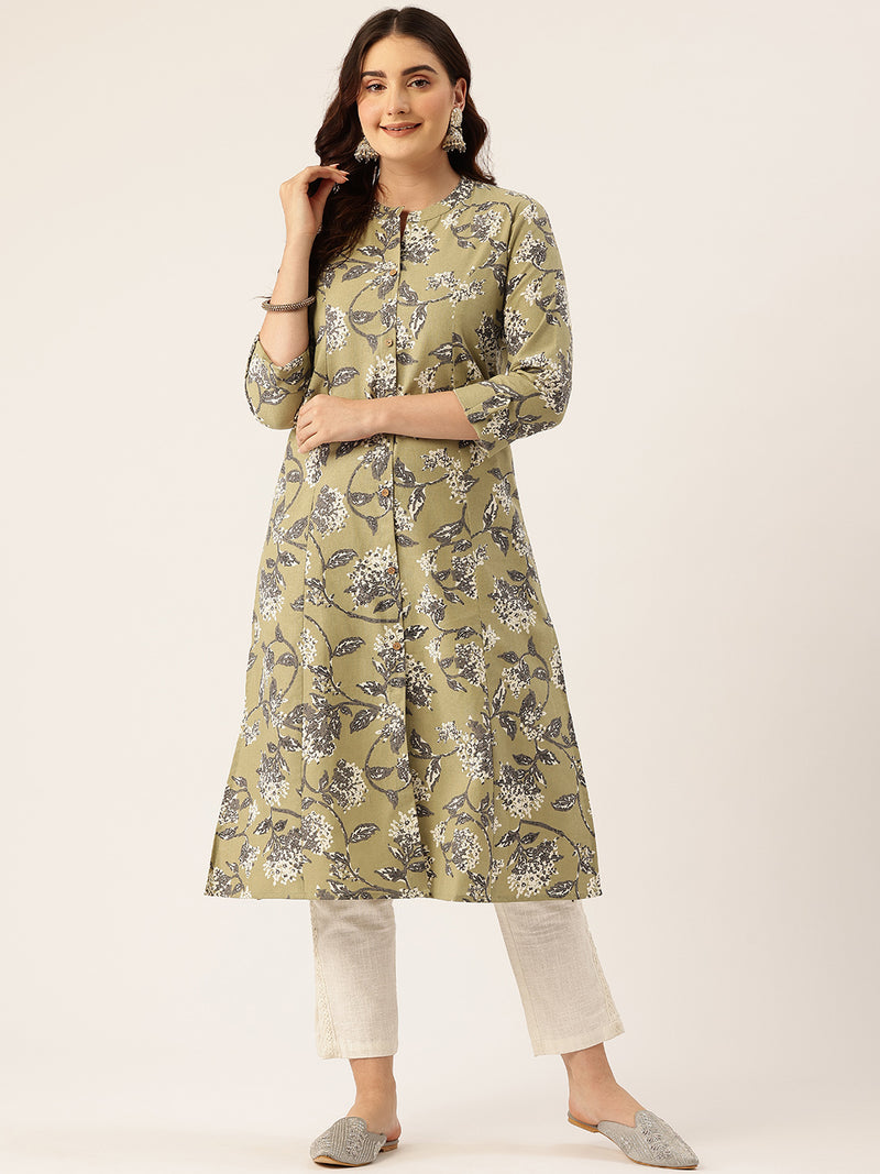 Elegant A-Line Long Kurta for Women - Mandarin Collar with Button Detailing