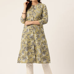 Elegant A-Line Long Kurta for Women - Mandarin Collar with Button Detailing