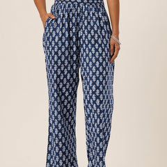 Blue Women Pure Cotton Paisley Printed Palazzo Pants | Elastic Waist | Wide Leg