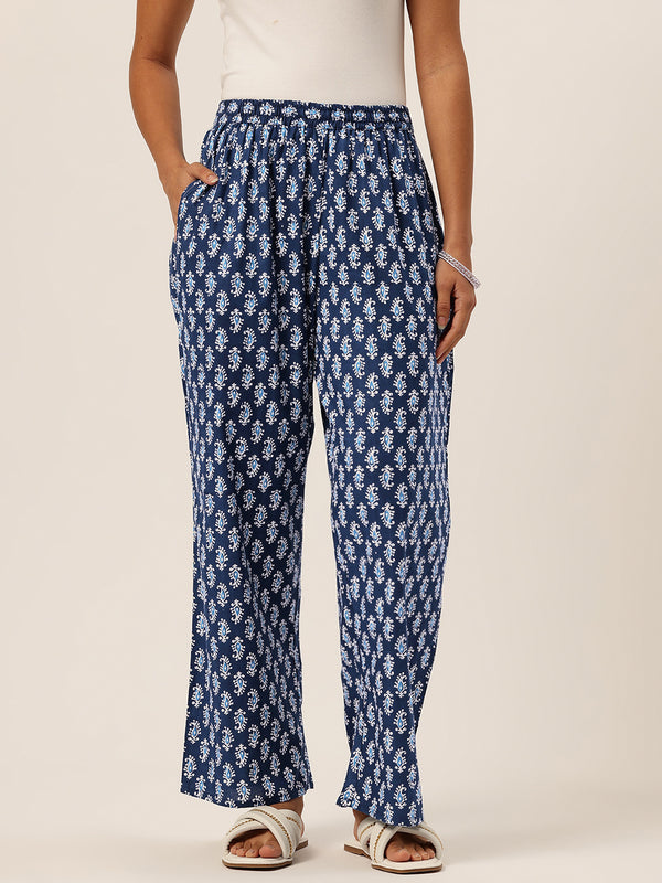 Blue Women Pure Cotton Paisley Printed Palazzo Pants | Elastic Waist | Wide Leg