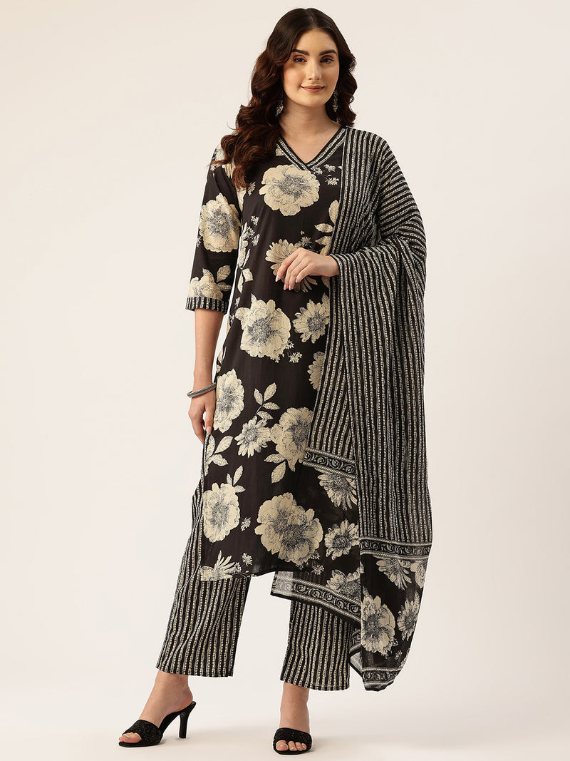 Bodered V-Neck 3-Piece Kurta Set with Ankle-Length Pants & Full-Length Dupatta (Size S-XXL).