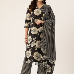 Bodered V-Neck 3-Piece Kurta Set with Ankle-Length Pants & Full-Length Dupatta (Size S-XXL).