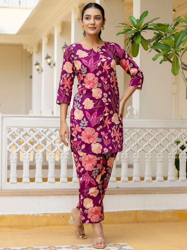 Purple Breezy Printed Cotton Co-Ord Set for Comfortable All-Day Wear