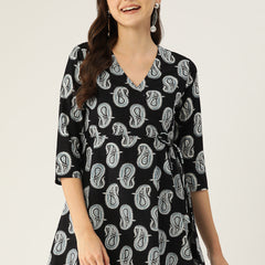 Floral Print Angrakha 3\4 Sleeves Flared Kurti