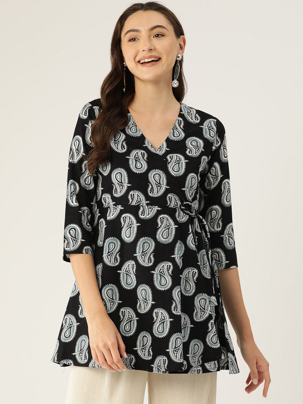 Floral Print Angrakha 3\4 Sleeves Flared Kurti