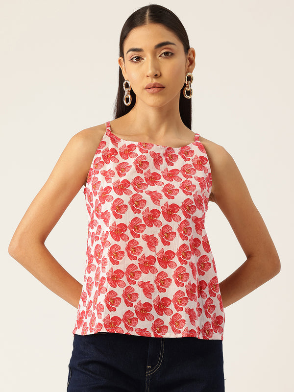 Relaxed fit strappy sleeveless top digitally printed on linen fabric.  | Size- Small |  Colour - White, red