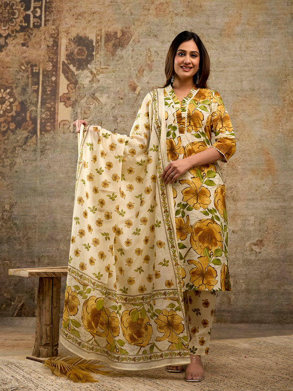 Pure Cotton Off -White Split V-Neck with Gathered Panel 3-Piece Kurta Set with Printed Dupatta