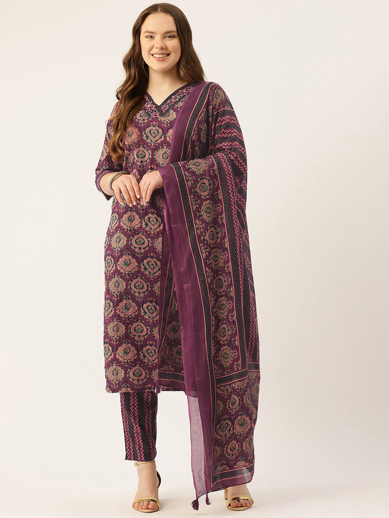 Straight Dupatta Sets - V-Neck, 3/4 Sleeves with Border Detailing, Elastic Waistband Pants with Pockets & Full-Length Dupatta (M-XXL)