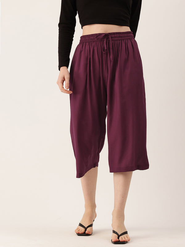 Women's Culottes | Calf-Length Pants with Double Pockets & Elastic Waistband