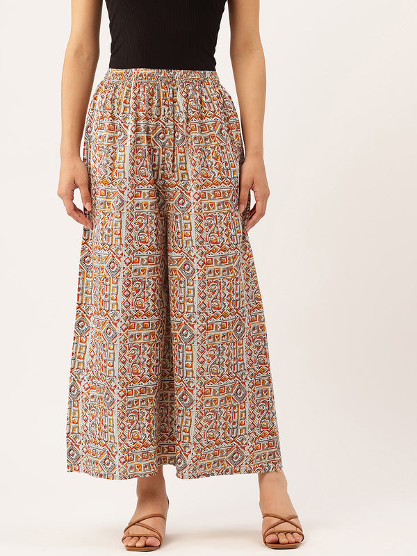 Multicolor Trendy Women's Blue Printed Cotton Palazzos - Elasticated Waist & Ankle-Length Fit