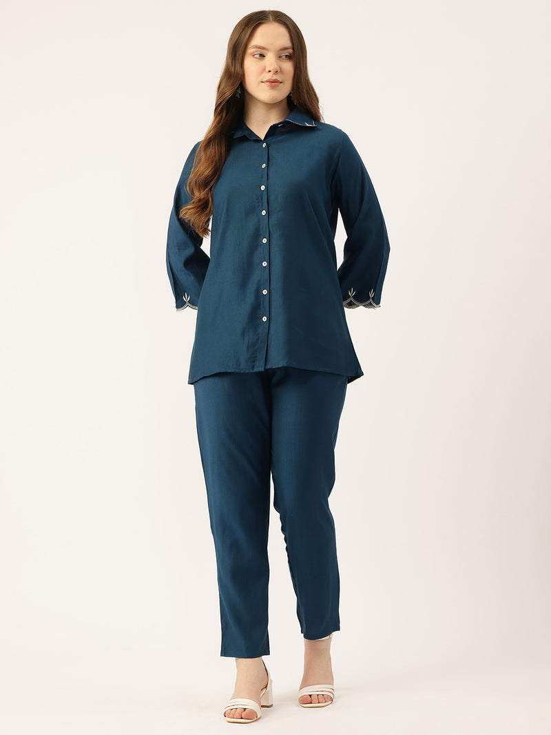 Blue Women's Embroidered Co-ord Set - Viscose Fabric Sleeveless Shirt and Pant