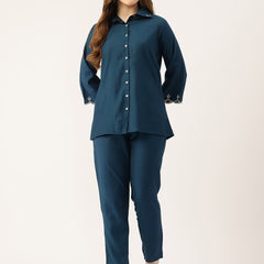 Blue Women's Embroidered Co-ord Set - Viscose Fabric Sleeveless Shirt and Pant