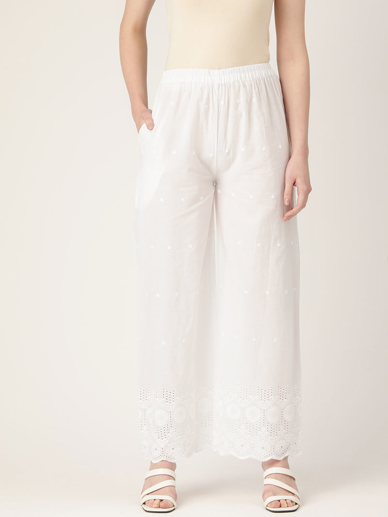 White White Embroidered Cotton Palazzos–Elastic Waist & Ankle-Length with Side Pocket