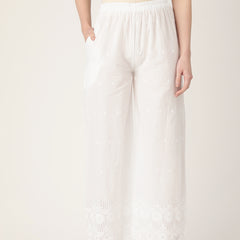 White White Embroidered Cotton Palazzos–Elastic Waist & Ankle-Length with Side Pocket