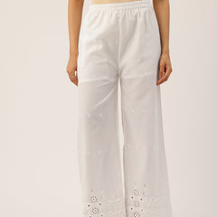 White Embroidered Palazzos–Fully Lined, Elastic Waist & Ankle-Length with Side Pocket