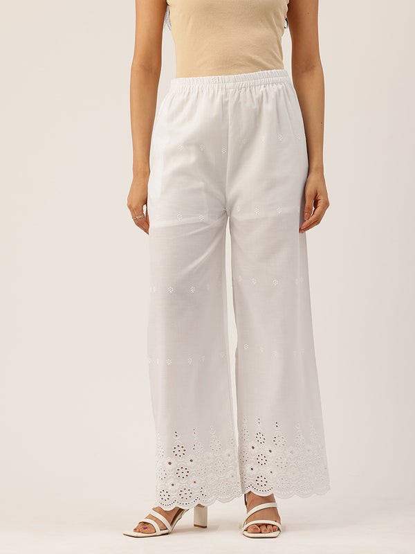 White Embroidered Palazzos–Fully Lined, Elastic Waist & Ankle-Length with Side Pocket