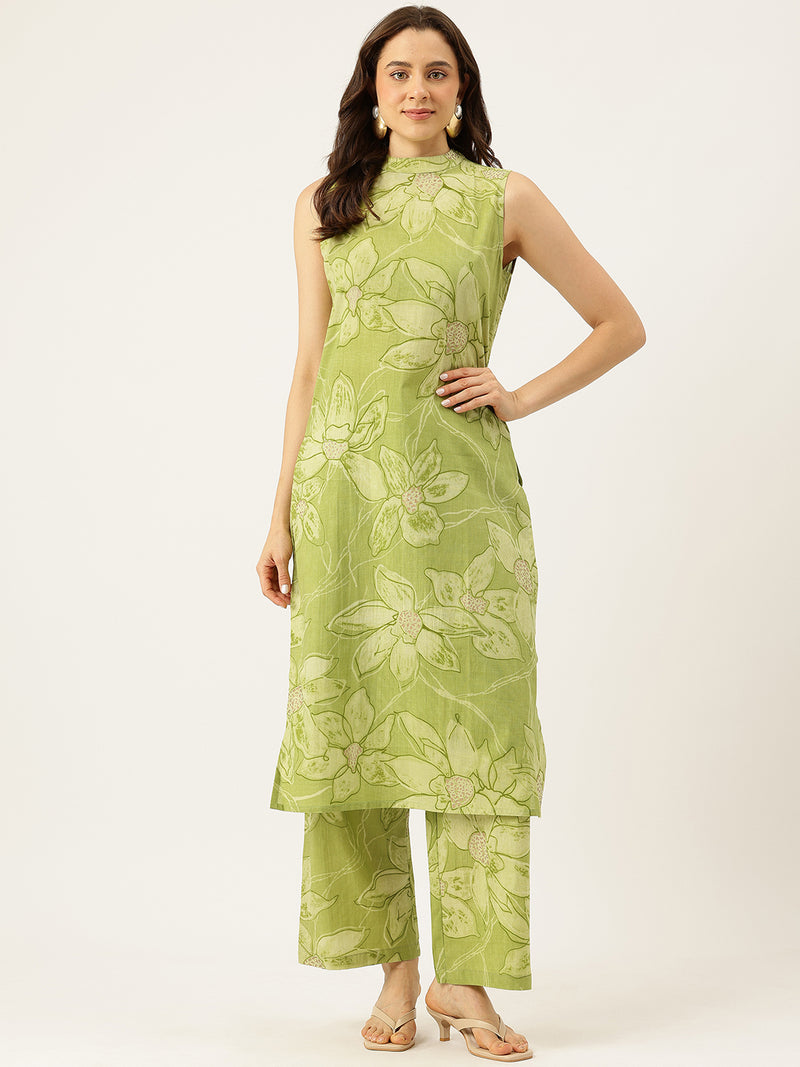 Floral Sleeveless Cotton Co-Ord Set with Choker Neckline – Pure Cotton | Sizes S–XXL