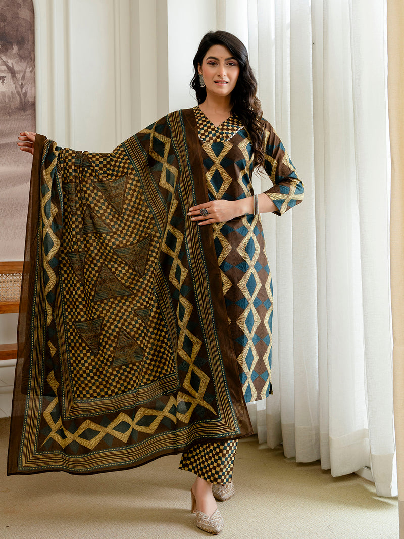 Bordered V-Neck 3-Piece Kurta Set with Ankle-Length Pants & Full-Length Dupatta (M–XXL)