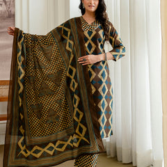 Bordered V-Neck 3-Piece Kurta Set with Ankle-Length Pants & Full-Length Dupatta (M–XXL)