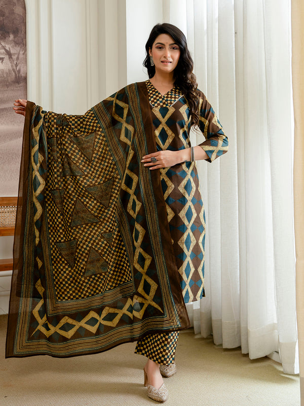 Bordered V-Neck 3-Piece Kurta Set with Ankle-Length Pants & Full-Length Dupatta (M–XXL)