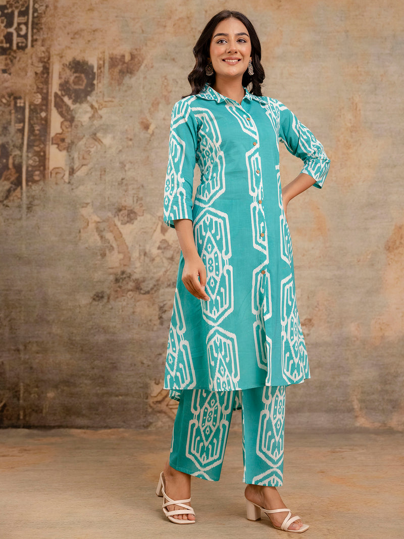 Light Green Women’s Co-Ord Set–Printed Collared Kurta with 3/4 Sleeves & Elastic Waist Pants