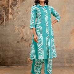 Light Green Women’s Co-Ord Set–Printed Collared Kurta with 3/4 Sleeves & Elastic Waist Pants