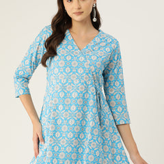 Floral Print Angrakha 3\4 Sleeves Flared Kurti