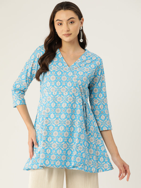 Floral Print Angrakha 3\4 Sleeves Flared Kurti