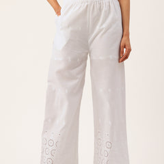 White Embroidered Palazzos–Fully Lined, Elastic Waist & Ankle-Length with Side Pocket