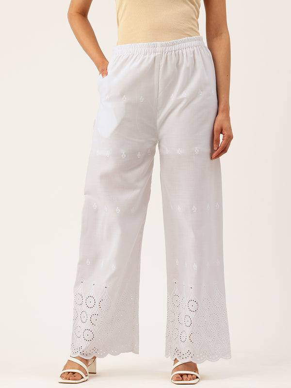 White Embroidered Palazzos–Fully Lined, Elastic Waist & Ankle-Length with Side Pocket