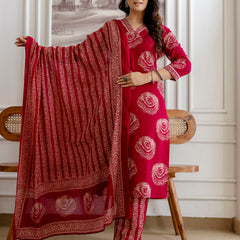 Bordered V-Neck 3-Piece Kurta Set with Ankle-Length Pants & Full-Length Dupatta (M–XXL)