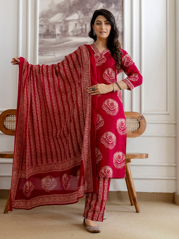 Bordered V-Neck 3-Piece Kurta Set with Ankle-Length Pants & Full-Length Dupatta (M–XXL)