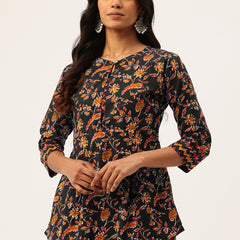 Inner Yoke Short Kurti for Women - Button Detail & 3/4 Sleeves