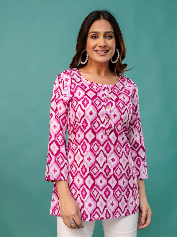 Chic Printed Short Kurti with Round Neck & 3/4 Sleeves