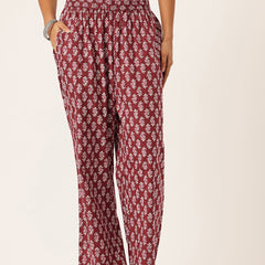 Maroon Women Pure Cotton Paisley Printed Palazzo Pants | Elastic Waist | Wide Leg