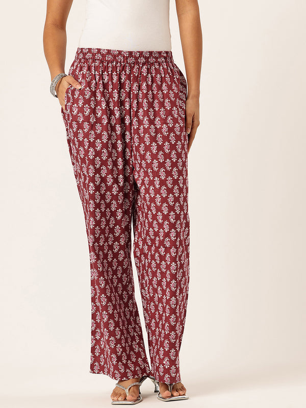Maroon Women Pure Cotton Paisley Printed Palazzo Pants | Elastic Waist | Wide Leg