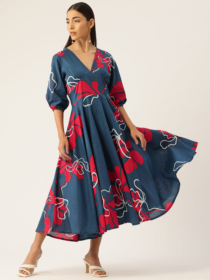 Women's Pure Cotton Floral Printed A-Line Gown with 3/4 Puff Sleeves & V-Neck