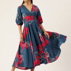Women's Pure Cotton Floral Printed A-Line Gown with 3/4 Puff Sleeves & V-Neck