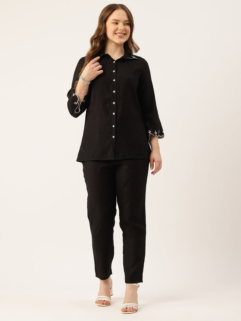 Black Women's Embroidered Co-ord Set - Viscose Fabric Full Sleeve Shirt and Pant