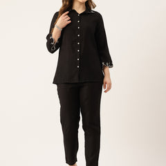 Black Women's Embroidered Co-ord Set - Viscose Fabric Full Sleeve Shirt and Pant