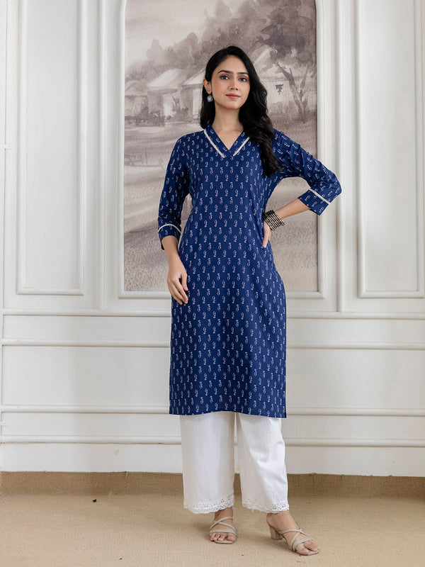 Elegant Ethnic Printed Cotton Straight Kurta with V-Neckline