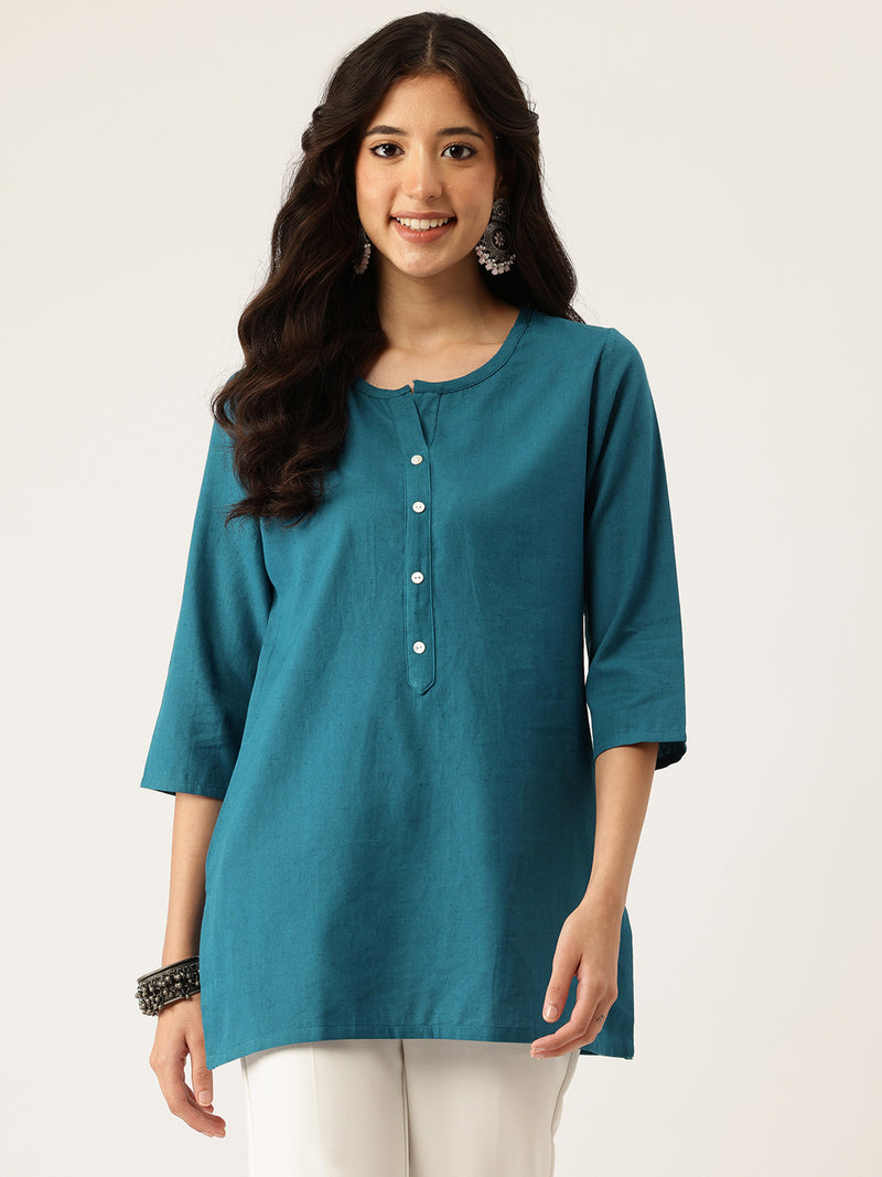 Elegant Short Kurti for Women –Button Detailing & 3/4 Sleeves | Round Neck |