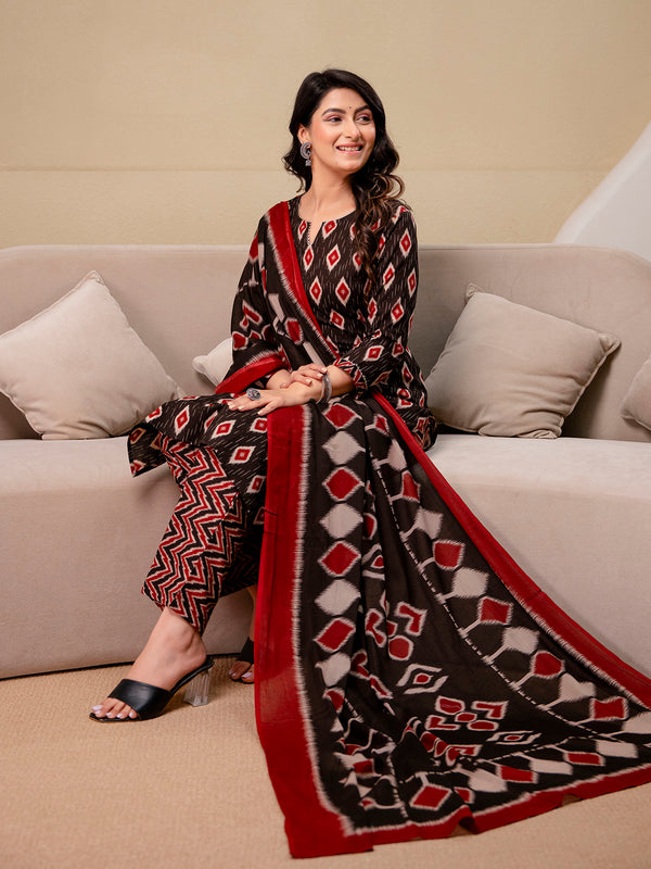 V-Neck Cotton 3-Piece Kurta Set with Printed Dupatta (M–XXL)