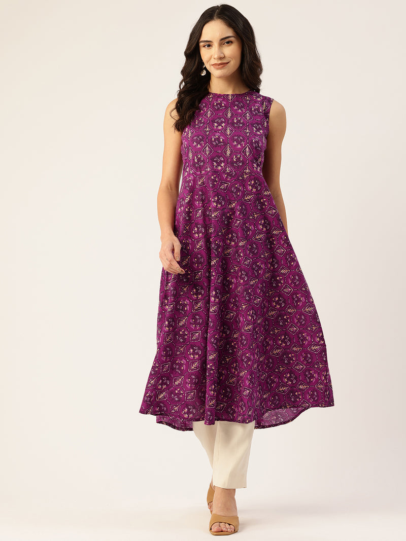 Elegant Floral Sleeveless A-Line Kurti with Back Zip Closure