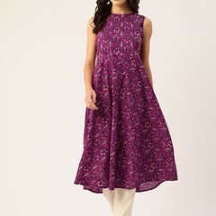 Elegant Floral Sleeveless A-Line Kurti with Back Zip Closure